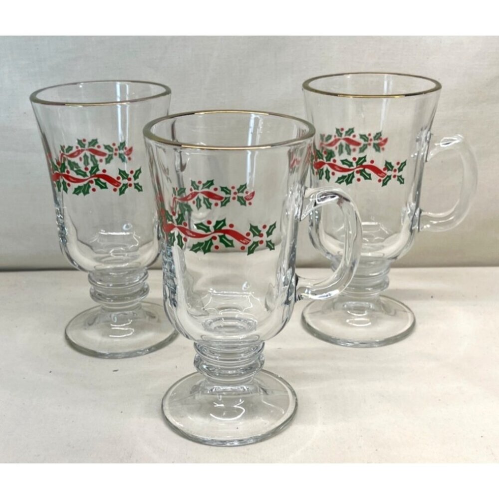 3 Libbey Glass Irish Coffee Mugs Glasses Holly Berry Ribbon Gold Rim